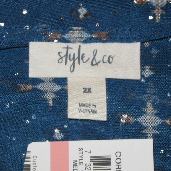 Style & Co Mesh Ruffle Front Top Blouse Blue Medallion Size 2X NWT - Picture 5 of 6